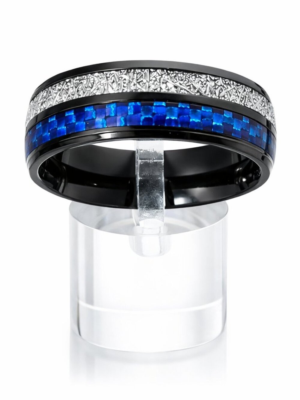 Size 11 New Unisex Silver Crackle & Blue Inlay Black Stainless Steel 8mm Band
